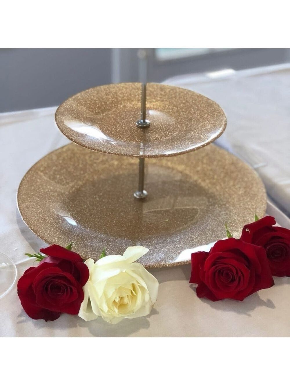 two-tiered dessert stand server Rose gold glass silver metal handle wedding